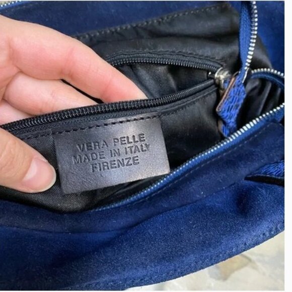 Vera Pelle Navy Blue Suede Tote Bag - Picture 12 of 16